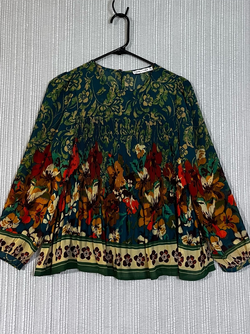 Figueroa & Flower Floral Blouse Green & Multicolor Print Womens Petite Small PS